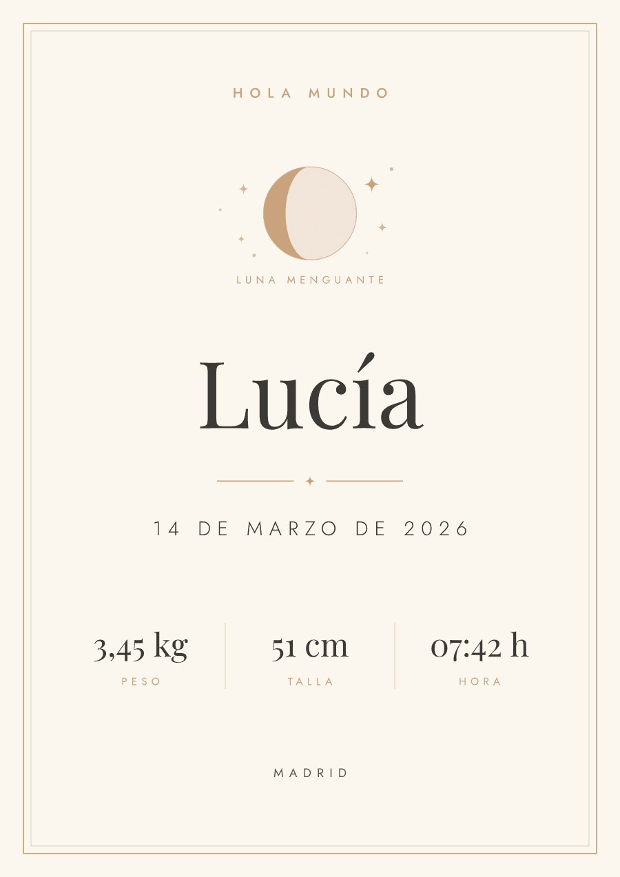 Lámina de nacimiento personalizada con el nombre, la fecha, el peso, la talla y la hora de nacimiento del bebé
