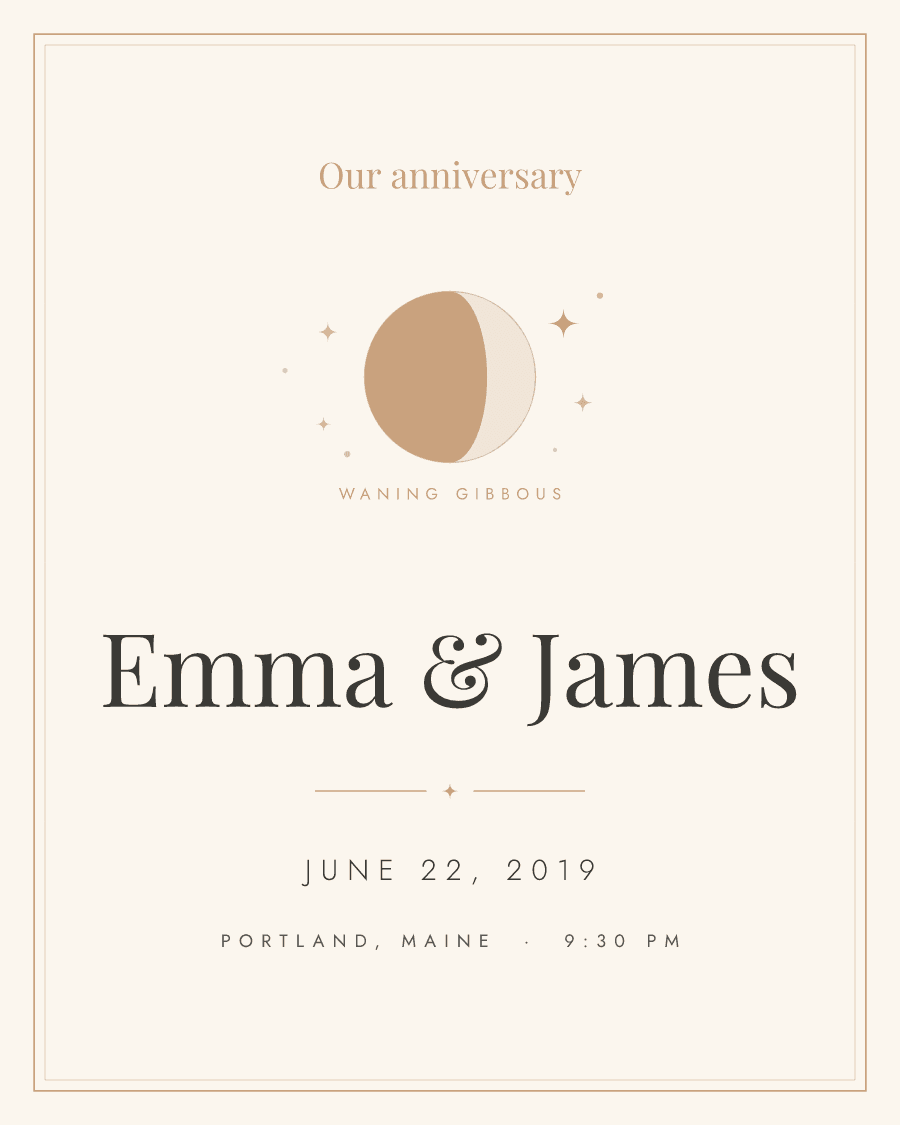 Moon and stars moon phase print for Emma: Cream · Classic. Centered, with a double frame: your headline over the moon and stars, then the names and the date.