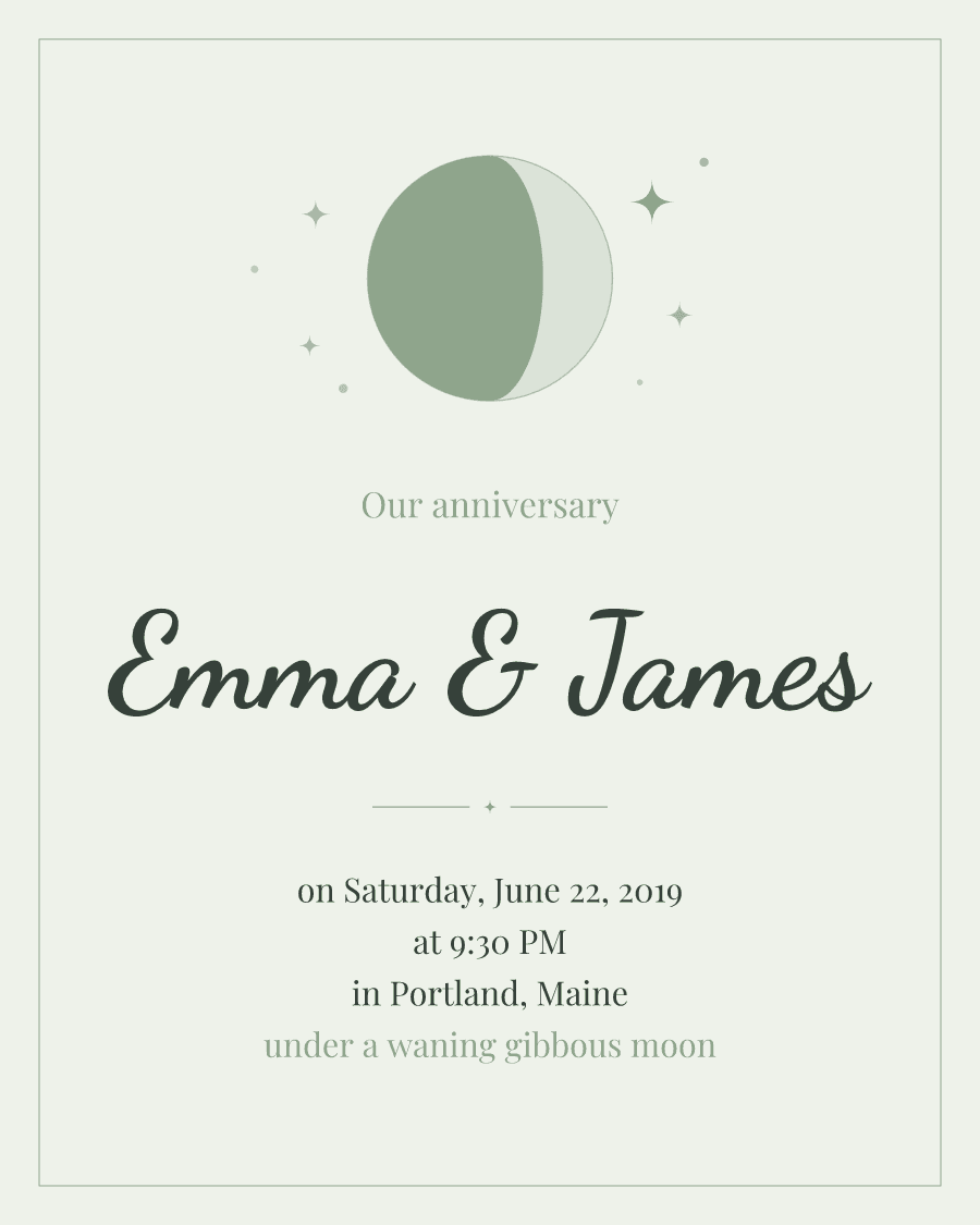 The story moon phase print for Emma: Sage · Handwritten. The moon above the names, and the date told in a few short lines.