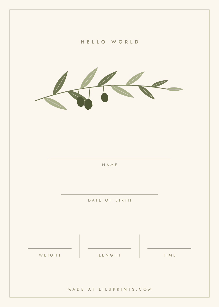 Free printable birth announcement card, Olive branch design, with blank lines for the baby's name, date of birth, weight, length and time