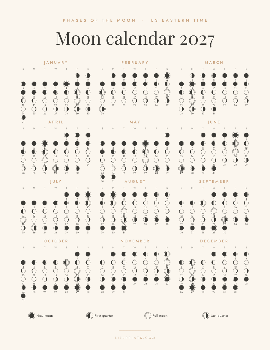 2027 moon calendar: twelve month grids with the Moon's phase drawn for every day and the principal phases ringed