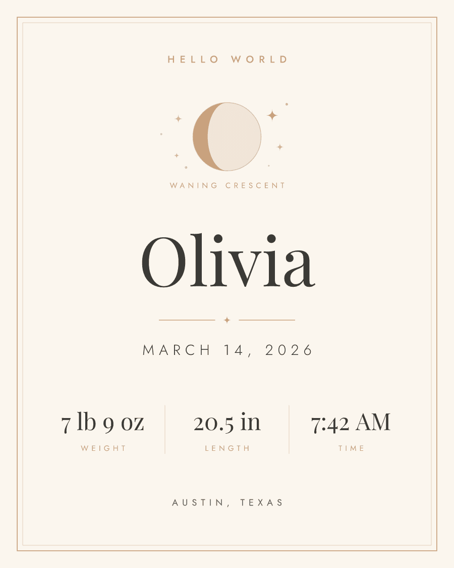 Personalized birth poster showing a baby's name, birth date, weight, length and time of birth